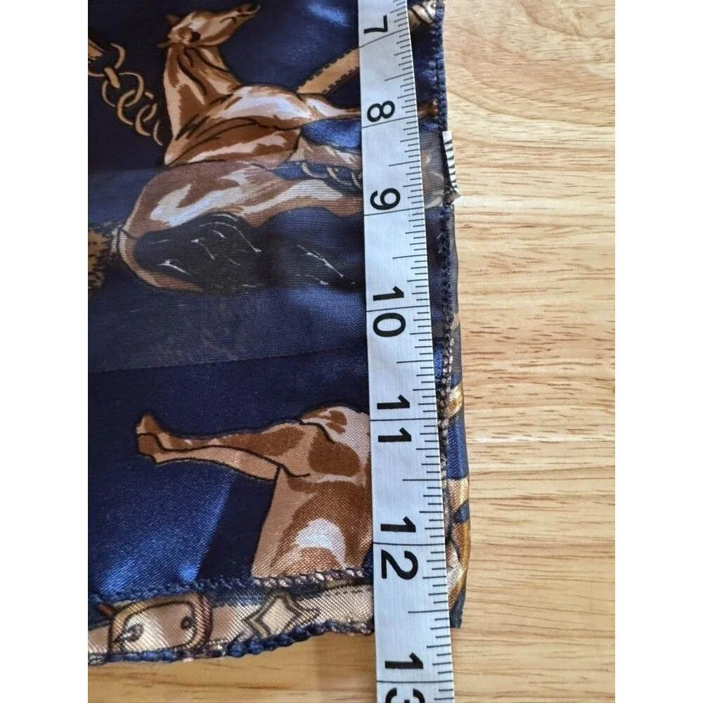 Equestrian Horse Print Rectangle Satin Long Scarf Semi Sheer Navy Gold Vtg